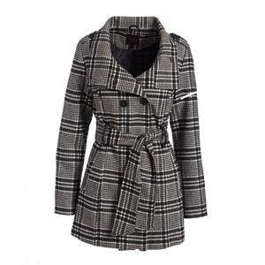 Yoki Black Plaid Funnel Collar Pea Coat